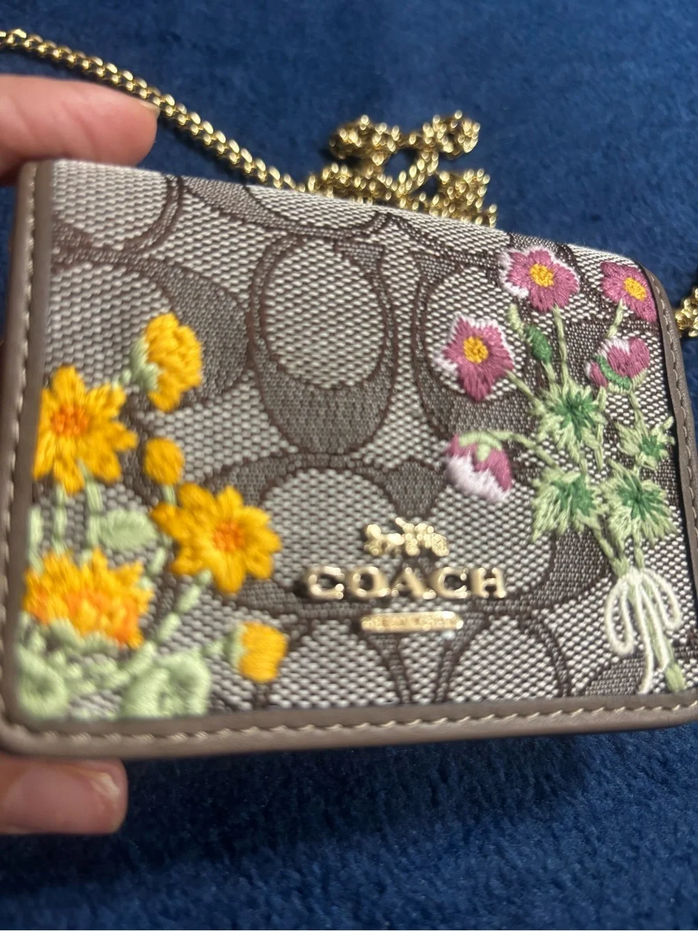 Coach Mini Wallet On A Chain In Signature Jacquard With Floral Embroidery CEF60